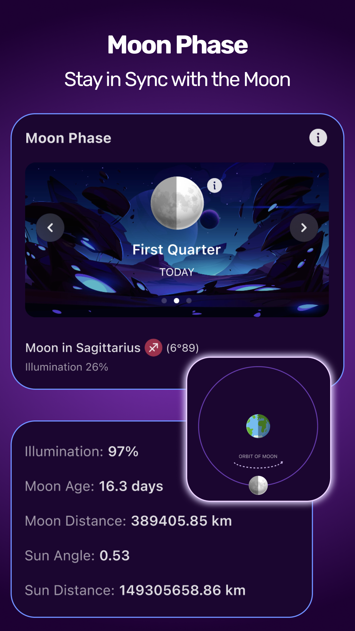 Moon phase tracker showing illumination and moon sign