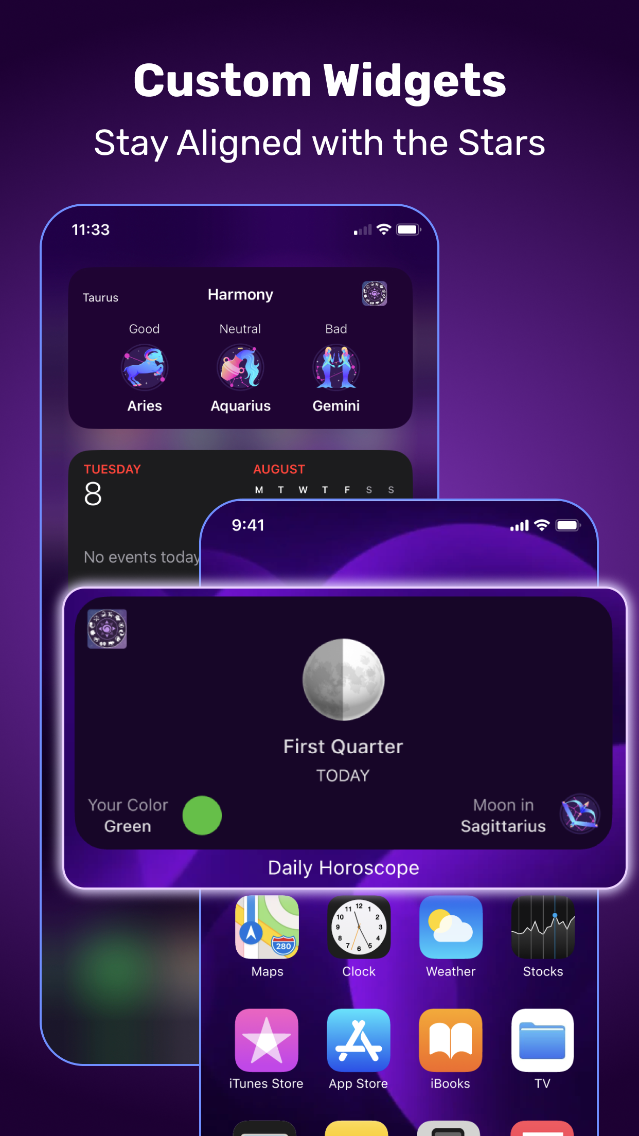 Home screen widgets with moon phase and zodiac harmony